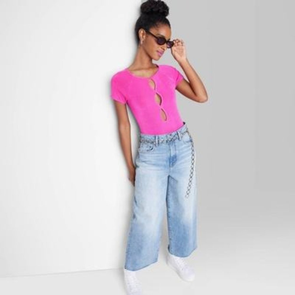 Women's Cut Out Front Bodysuit Wild Fable Vibrant Pink L Large